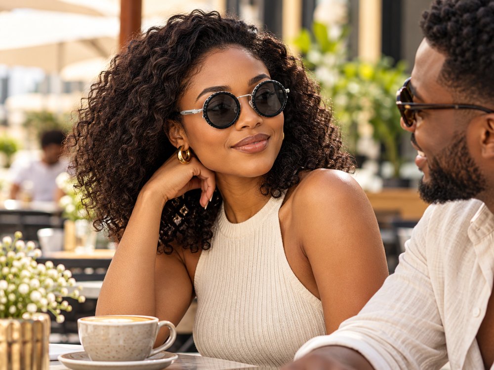 Illustrative daytime styling scene with round sunglasses
