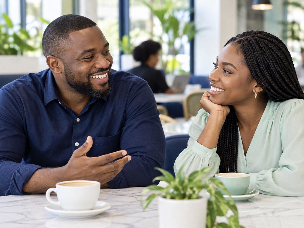 Illustrative scene of two adults enjoying a friendly conversation