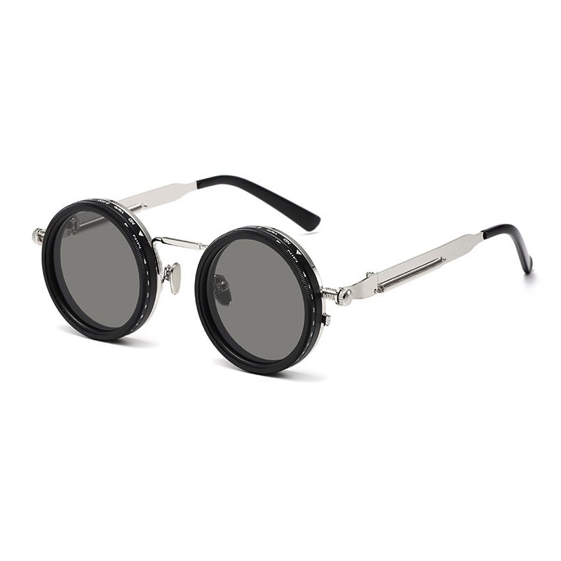 The supplied round adjustable-tint sunglasses with black numbered rims and silver arms