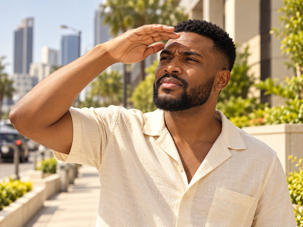 Illustrative scene of an adult shading his eyes in bright daylight