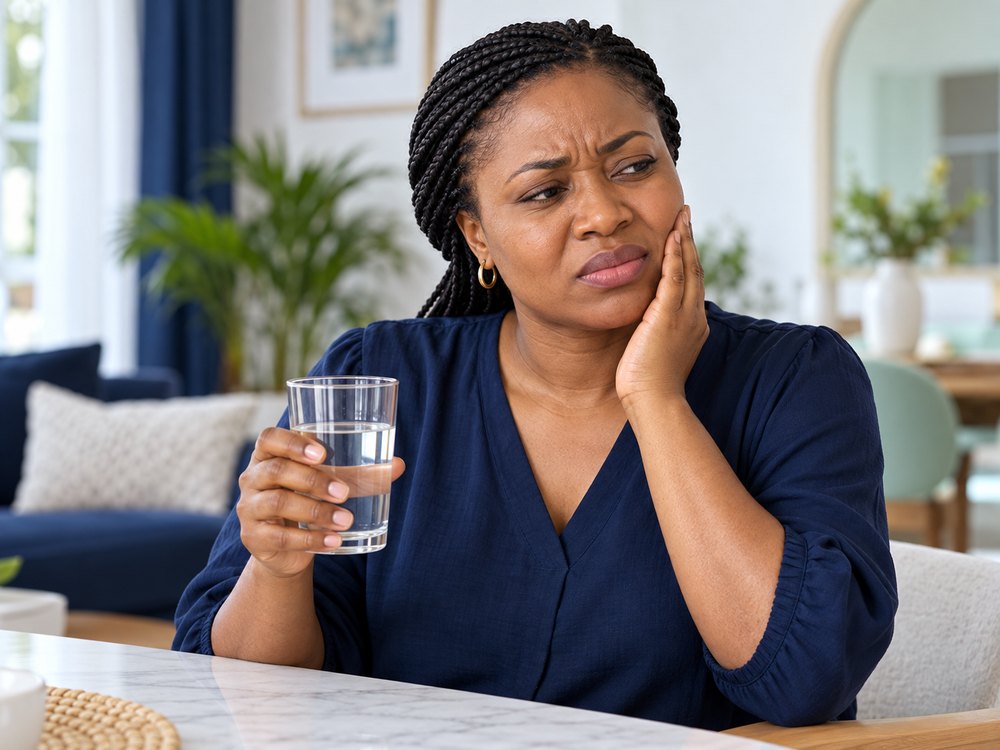 Illustrative scene of a woman concerned about tooth discomfort